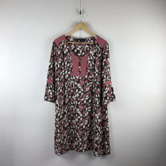 Boden Dresses & Skirts - Boden l XL 16R Brown Red Contrast Floral Leaf Print Bell Sleeve Babydoll Dress